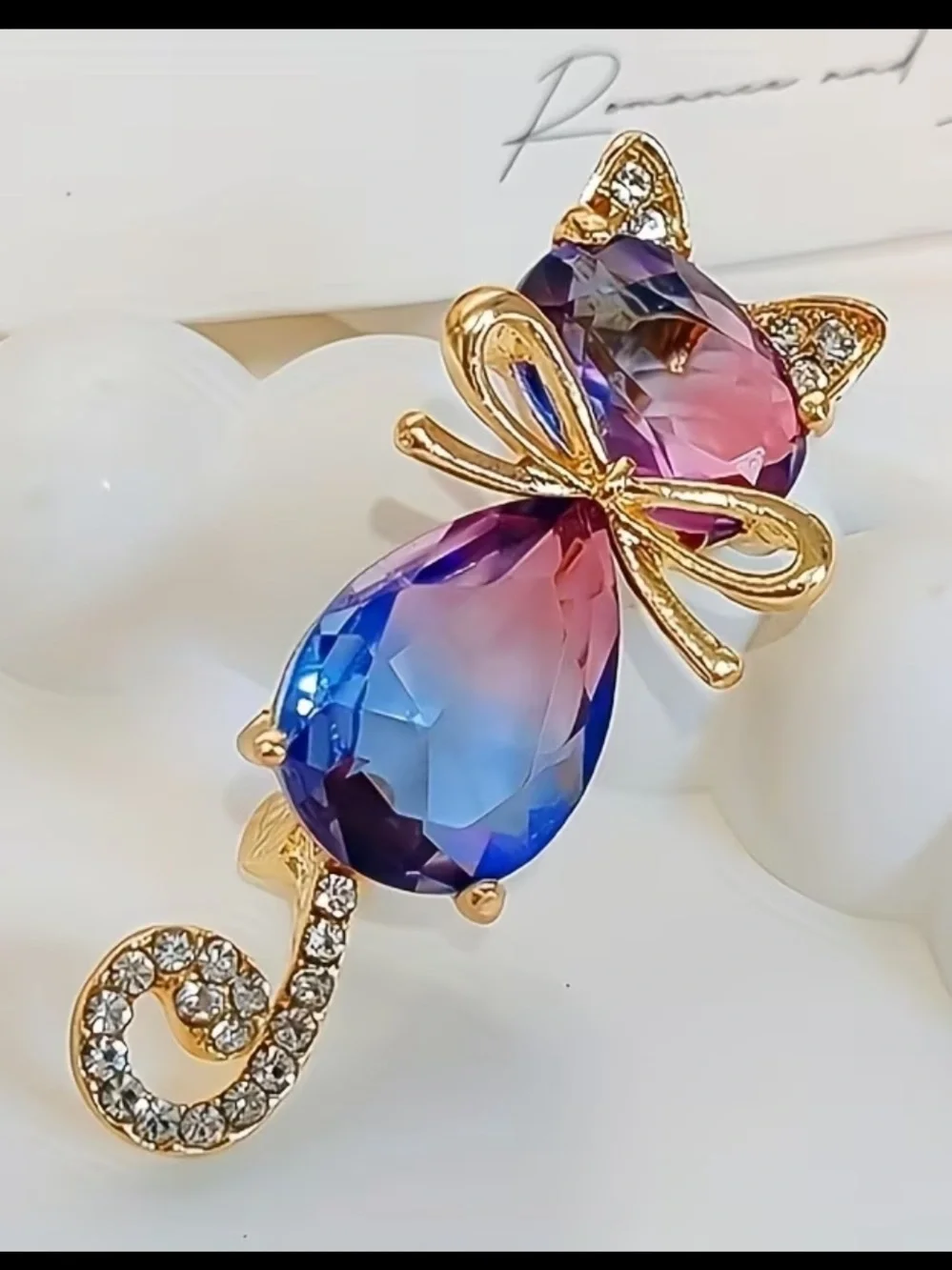 Gold Cat Brooch with Pink & Purple Crystal Accent nwt